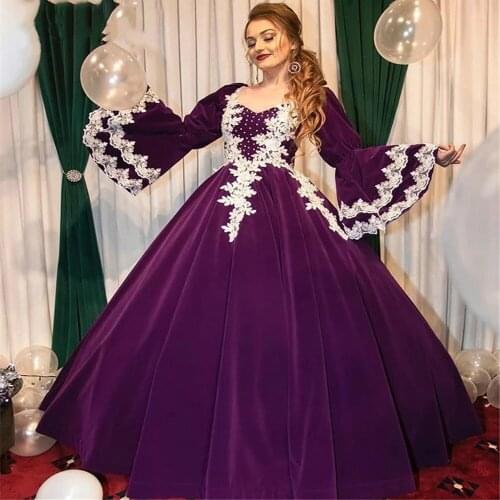 2022 Arabic Elegant Grape Velvet Prom Dresses Lace Beaded Elegant Party Dress Flare Sleeve Vintage Formal Second Reception Gown