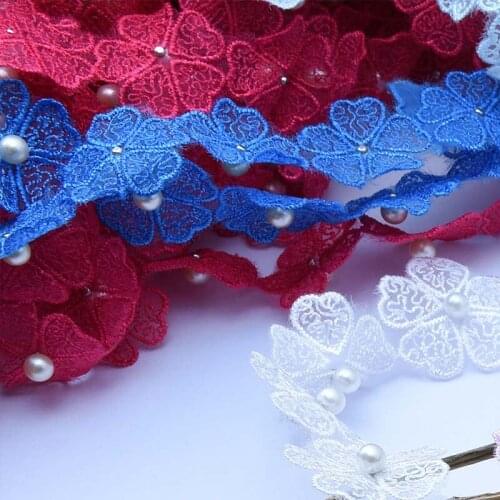 40Yards Flower Patch Applique Lace Edge Trim Ribbon Pearls Yellow White Fabric Embroidered Sewing Craft Wedding Dress Clothes
