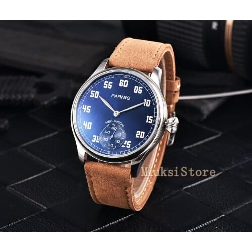 44mm Parnis Blue Dial Luminous 6498 Hand Winding Leather Date Mechanical Fashion Men Wristwatch 2525