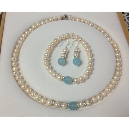 Real White Akoya Cultured Pearl/Aquamarine bracelets necklace earrings set Nobox