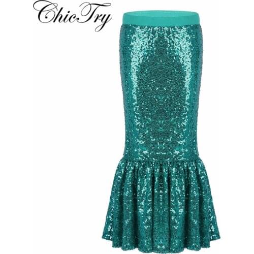 Kids Girls Role Play Party Mermaid Skirt Shiny Sequins Mermaid Tails Halloween Cosplay Party Costume Maxi Skirt for Swimsuit