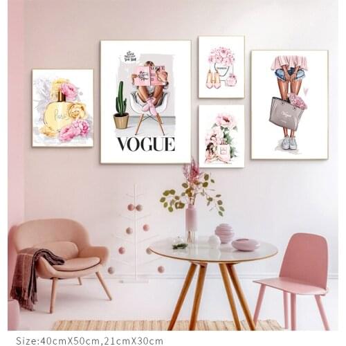Nordic Pink Plant Flower Abstract Letter Canvas Painting Girl Bedroom Living Room Picture Home Decoration Wall Art Poster