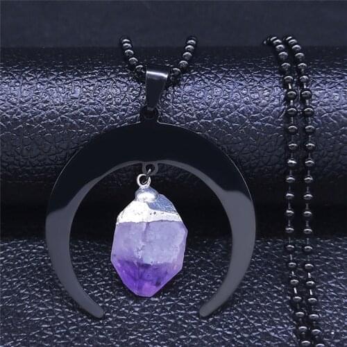 Witchcraft Divination Moon Purple Natural Crystal Stainless Steel Necklace Women Black Color Necklaces Jewelry bijuteria NXS02