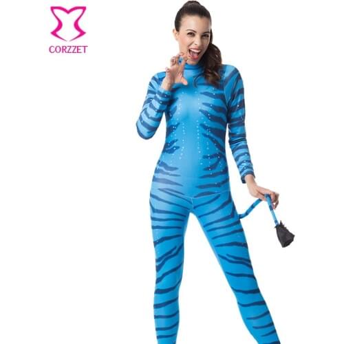 Blue Zebra Adult Na'vi Jumpsuit Costume Sexy Halloween Costumes For Women Cosplay Afanda Superhero Sci-Fi Movie Carnival Costume