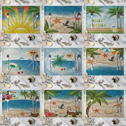 Seaside Beach Pattern Table Placemat Coconut Tree Linen Table Mats for Dining Table Kitchen Decoration Home