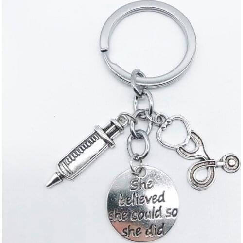 Nurse Stethoscope Syringe Medical Equipment Keychain, She Thinks She Can Do It So She Did, Inspirational Key Ring Gift