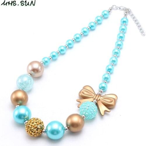 MHS.SUN 1PC Newest Kids Girls Handmade Bowknot Beaded Necklace Gold+Blue Chunky Bubblegum Necklace Jewelry Gift High Quality