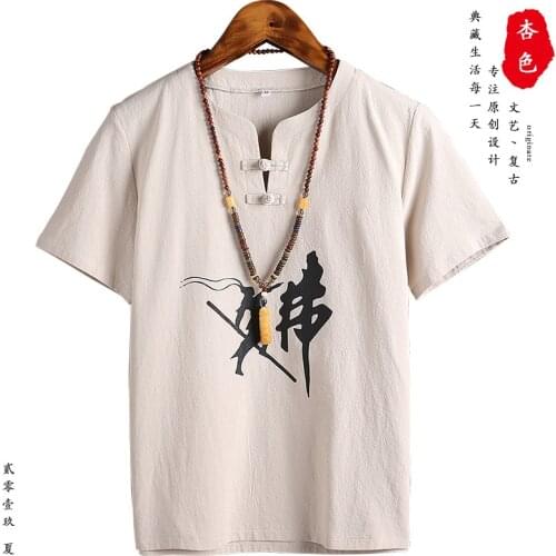 Men Oriental Clothing Kung Fu T-Shirt Chinese Style Zen Tea Tee Tops Tang Suit Medieval Linen Blouse Kimono Haori Asian Clothes