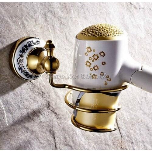 Gold Color Brass Wall Mounted Convenient Bathroom Hair Dryer Holder Rack Hair Drier Storage Organizer / Bathroom Shelves Wba258