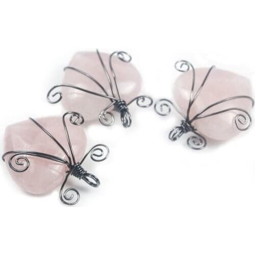Wholesale 10 Pcs Silver Plated Wire Wrap Love Heart Rose Pink Quartz Pendant for Valentines Day Jewelry