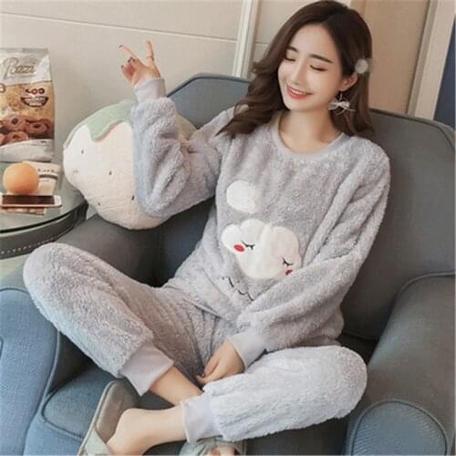 Pajamas ladies round neck long sleeve cartoon home wear new flannel sleepwear set Korean loose pijama mujer fashion bathrobe