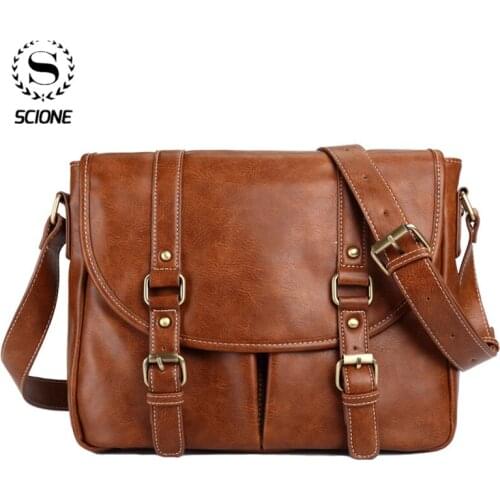 SCIONE Retro Men Tote Solid Faux Leather Briefcase Shoulder Bag Messenger Bag CrossBody Shoulder Business Bags For Men Dropshipp