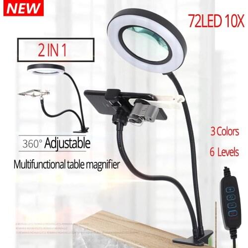 Foldable Professional 10X Magnifying Glass Desk Lamp Magnifier LED Light Reading Lamp with Three Dimming Modes USB Power Supply