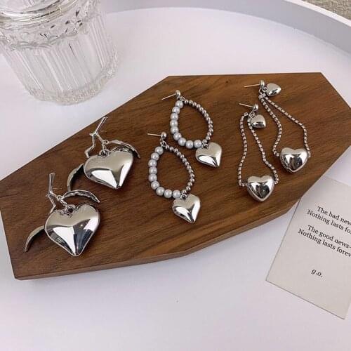 U-Magical Exaggerated Love Heart Long Tassel Dangle Earring for Women Pearl Beaded Silver Metallic Chain Earring Jewellery