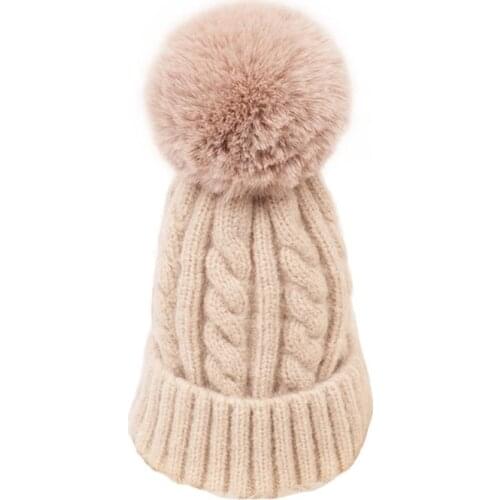 Female Beanies Winter Fashion Thick Warm Hats Woolen Twist Yarn Knitting Hat With Lovely Plush Ball New