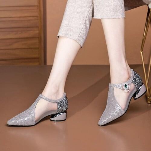 Zapatos de mujer zapatos,Sheepskin Shoes Women,Mesh Mid Heels,Sequince Cloth,Pointed toe,Female Footwear,BLUE,GREY,Dropshipping