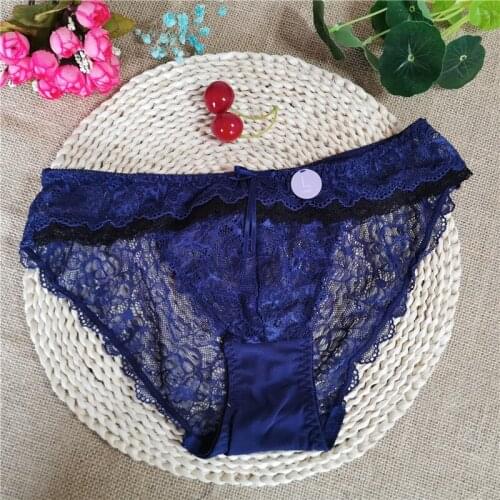 Dark blue contrast color lady lace underwear summer thin through sexy lace underwear