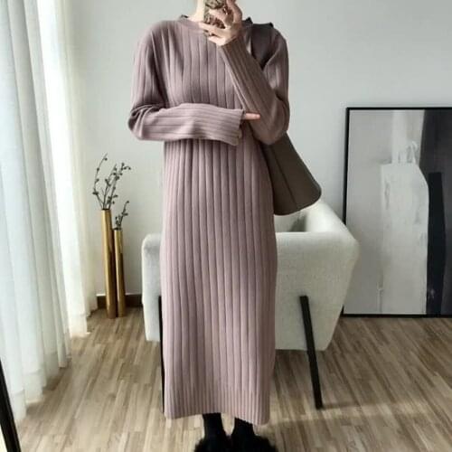 2020 New Winter Sweater Dress Women Solid O-Neck Long Sleeve Straight Vestidos Texture Vestidos Female Keep Warm Long Dress Maxi