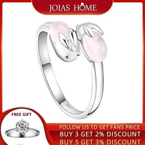 JoiasHome Silver 925 Jewelry Gemstones Oval Rose quartz Ring for Women Cute Sweet Rabbit Female Opening adjustable Dating Ring