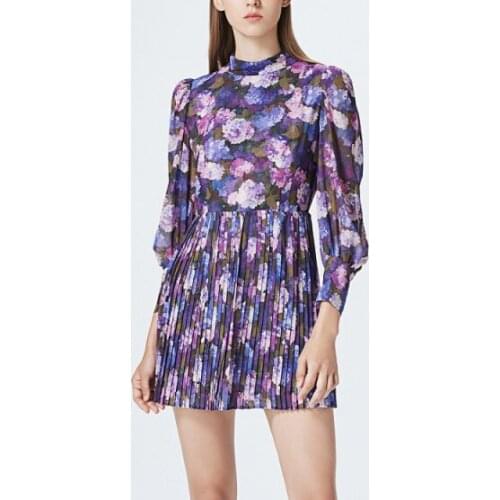 100%silk Women Mini Dress Vintage Floral Print Long Sleeve Pleated Stand Collar Short Dresses 2021 New