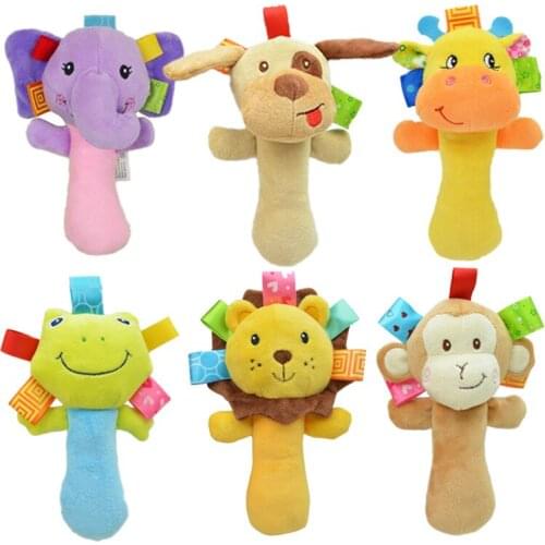 12pcs Soft Animal Baby Toy Ring Bell Baby Plush Rattle Squeaker Rod Cute Cartoon Animal Musical Dog Frog Monkey Lion Plush Toy