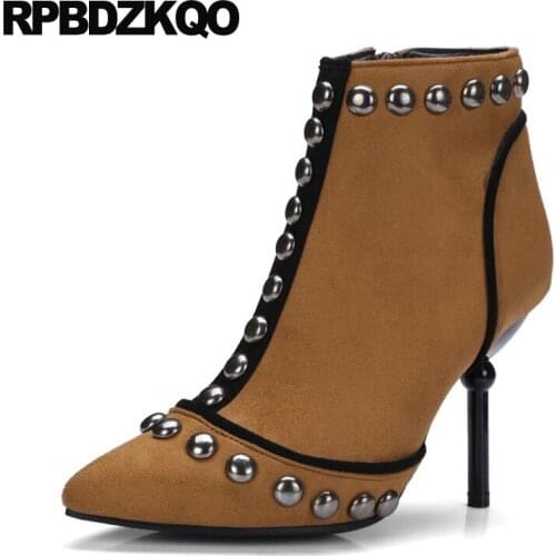 13 45 2021 Metal Booties Pointed Toe Side Zip Boots Big Size Brown Studded Rivet High Heel Women Stud Ankle Stiletto 12 44 Shoes