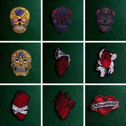 2pcs Punk Skull Heart Patch Embroidered Patches For Clothing Sewing Applique Patch Iron On Patches On Clothes Stripe Sticker Diy