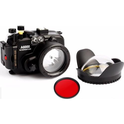 40M 130ft underwater waterproof Camera Housing case for sony A6000 (16-50mm lens)+ 67mm fisheye dome port lens + 67mm red filter