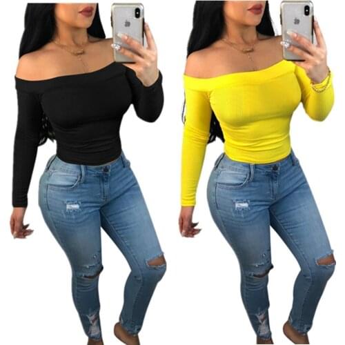 77p8251 Spring and autumn fashion and leisure new pure color sexy temperament Pullover one line collar long sleeve T-shirt