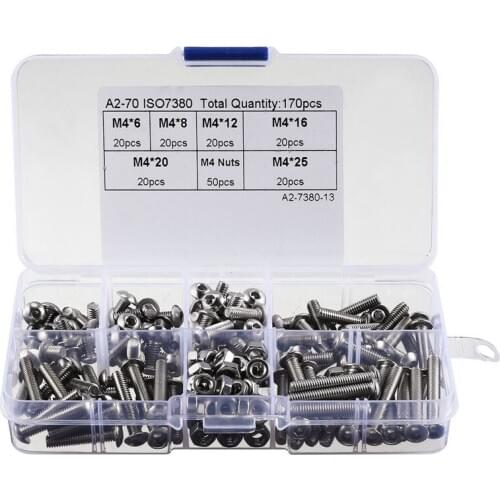 ABSF 170pcs 304 Stainless Steel M4 Hex Socket Button Head Screw Nut Assortment Kit