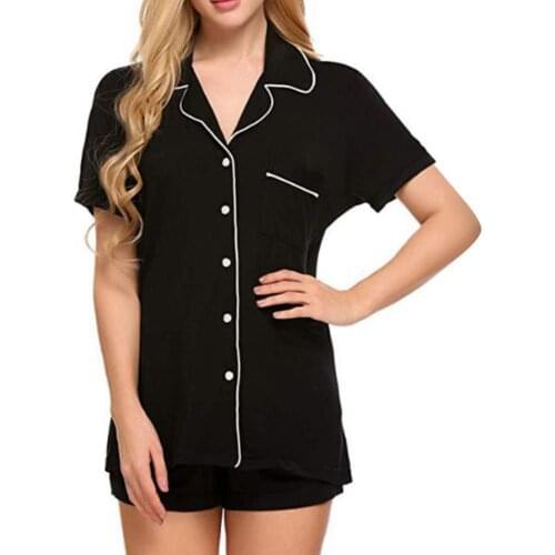 Women Stripe Dot Short Sleeve Button Blouse Shirt Shorts Set Sleepwear Nightwear