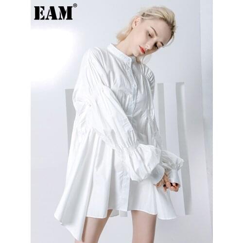 [EAM] 2021 New Spring Summer Stand Collar Long Lantern Sleeve Fold Elastic Stitch Big Size Shirt Women Blouse Fashion JG314