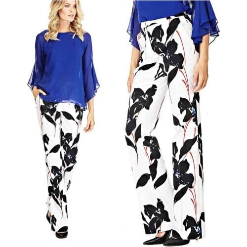 Elegant Stretch Cotton Contrast Tropical Floral Printed High Rise Flare Pants Black/White Flower Casual Long Trousers Plus Size