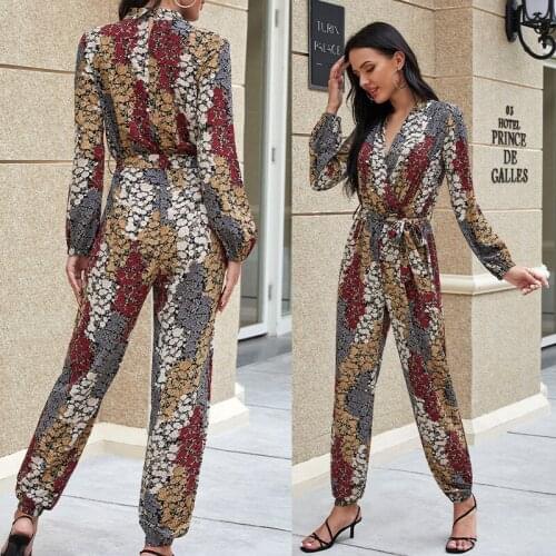 Long Sleeve V-neck Sexy Womens Chiffon Print Jumpsuit Banquet Party Daily Dating Jumpsuit Long Jumpsuit Women Elegant