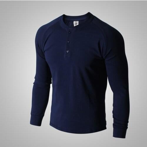 Henry Collar Long Sleeve Cotton T-shirt Men Outdoor Hiking Combat Sport Training High Elastic Thick Three Grain Button Shirt