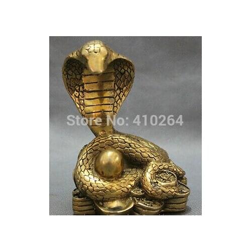Chinese Pure Brass Year Zodiac Ball Snake On Wealth YuanBao Coin Statue Animals