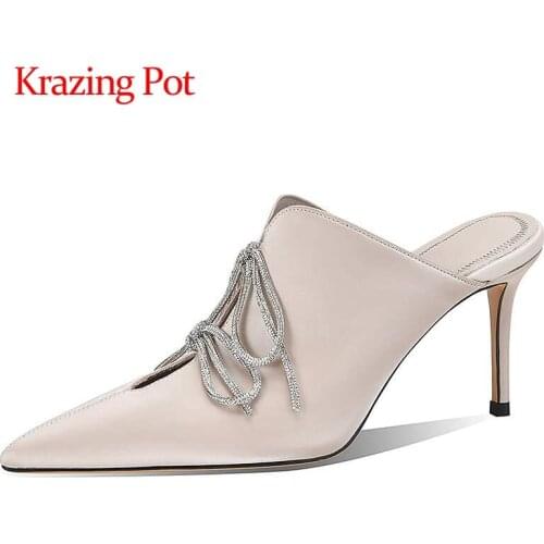 Krazing pot silk cowhide pointed toe thin high heels bling brickbat young lady gorgeous high fashion mules sandals women L19