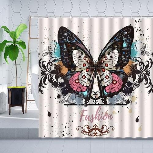 Creative Color Butterfly Shower Curtain Black Flower Plant Hand-Painted Modern Cartoon Animal Bathroom Curtains Polyester Cloth