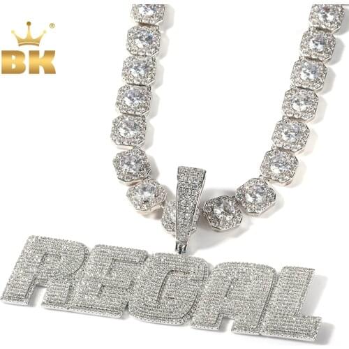THE BLING KING Custom Initial Letter Pendant Full Iced Out Bling Cubic Zirconia With 12mm Baguette Chain Necklace Hiphop Jewelry