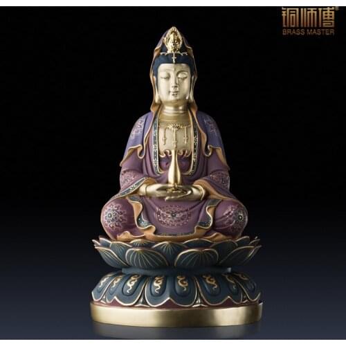 Copper master copper ornaments "Guanyin sitting on the lotus (painted version)" Home Furnishing crafts living room decoration