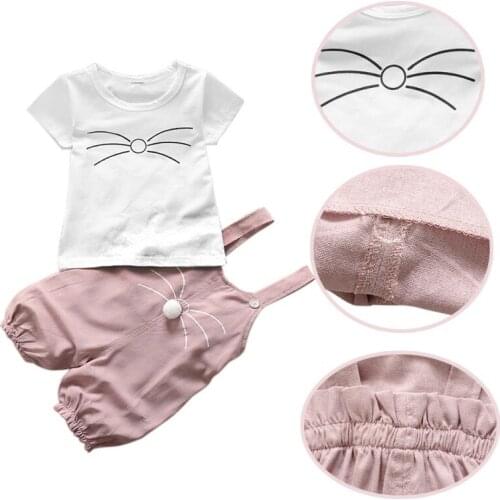 Fashion Cute Girls Outfits Children Cartoon Cat Clothing Sets Baby T-shirt Overalls 2Pcs/sets Spring Summer Infants Tracksuits