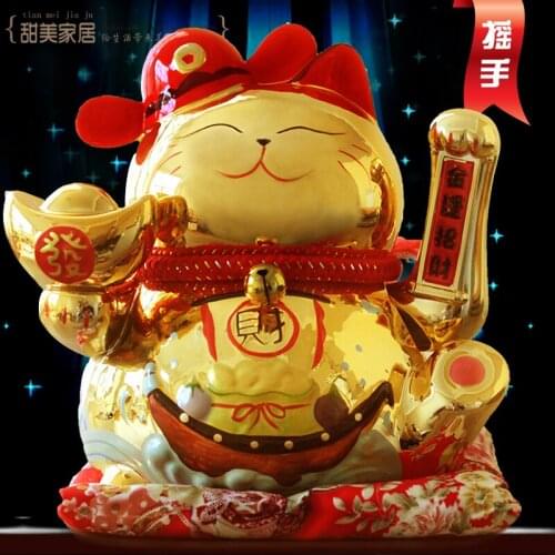 Genuine gold Japan Lucky Cat hand oversize ceramic ornaments shop opened 9 inch holiday gifts crafts suit living room Desktop