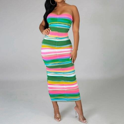 NORMOV Women Club Dress Tie Dye Strapless Sleeveless Pleated Dress Fashion Printing Bodycon Slim Female Long Dress