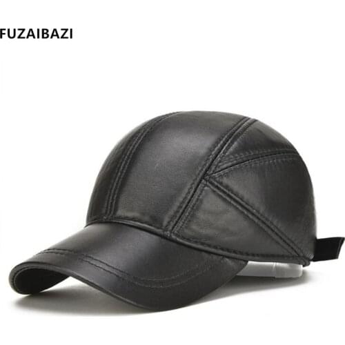 FUZAIBAZI New Trend Autumn Winter Fashion Earmuffs Baseball Cap For Men‘s Adjustable Size Sheepskin Thermal Genuine Leather Hat