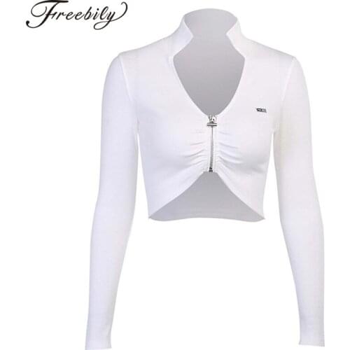 Sexy Women Spring Fitness Gym Top Running T-Shirts Yoga Sportswear Stand Collar V Neck Ruffle Front Zipper Irregular Cropped Top