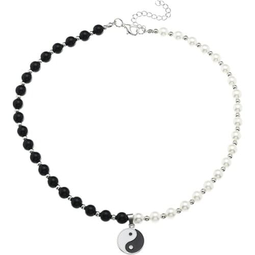 Punk Imitation Pearl Tai Chi Coin Pendant Necklace for Women Men Hip Hop Beads Chain Yinyang Necklace Party Jewelry Gift