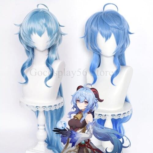 Genshin Impact GANYU Wig Cosplay Gradient Light Blue Long Straight Curly Temples Wavy Heat Resistant Hair Adult Halloween
