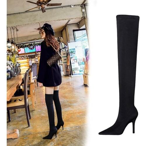 European and American style high-heeled wine glass and pointed sexy nightclub show thin boots elastic Lycra Knee Boots