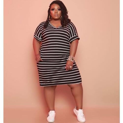 ChocoMisty-LadyPlus Plus-size Dresses Stripe Print V Neck Midi Dress TC074