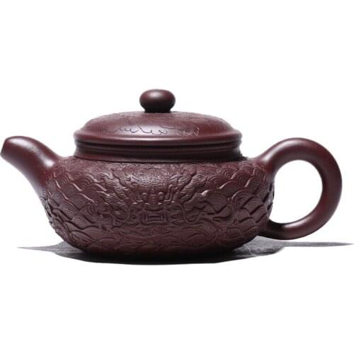 Supply of Embossed Purple Clay Teapot, Handmade Yixing Famous Teapot with Dragon Pattern, Antique Purple Clay Teapot